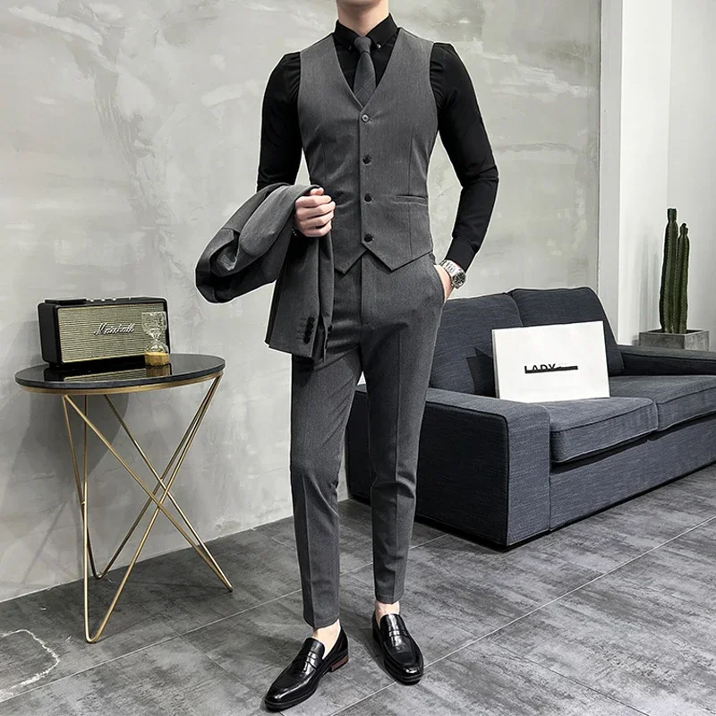 ( Blazer + Vest + Pants ) Boutique Fashion Solid Color Men\'s Slim Casual Business Suit Three-piece Set Groom Wedding Dress Party