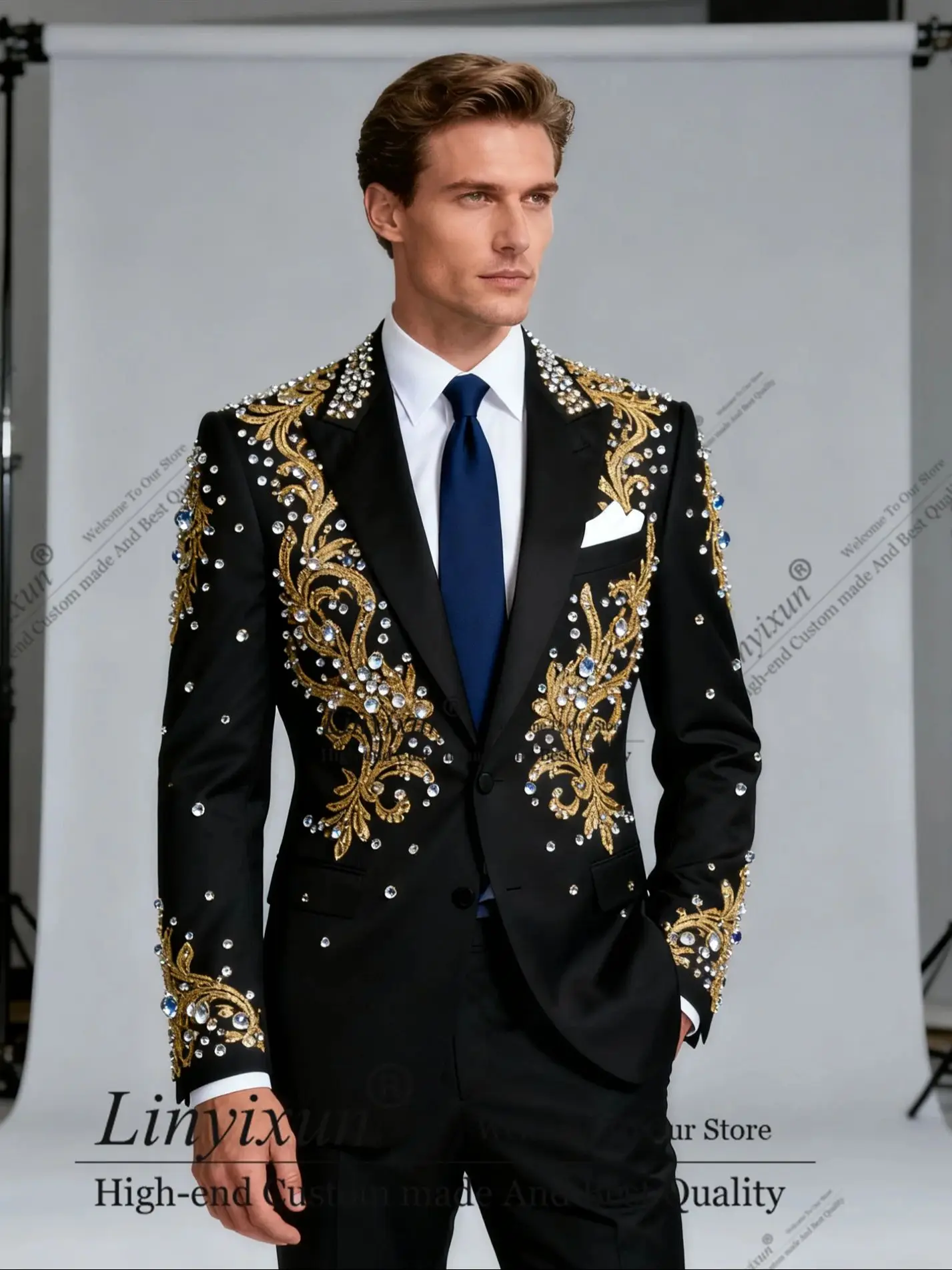 

Роскошные мужские костюмы с вышивкой и бриллиантами, комплекты из 2 предметов, мужской пиджак для выпускного вечера, красивый приталенный смокинг жениха по индивидуальному заказу, Ropa Hombre