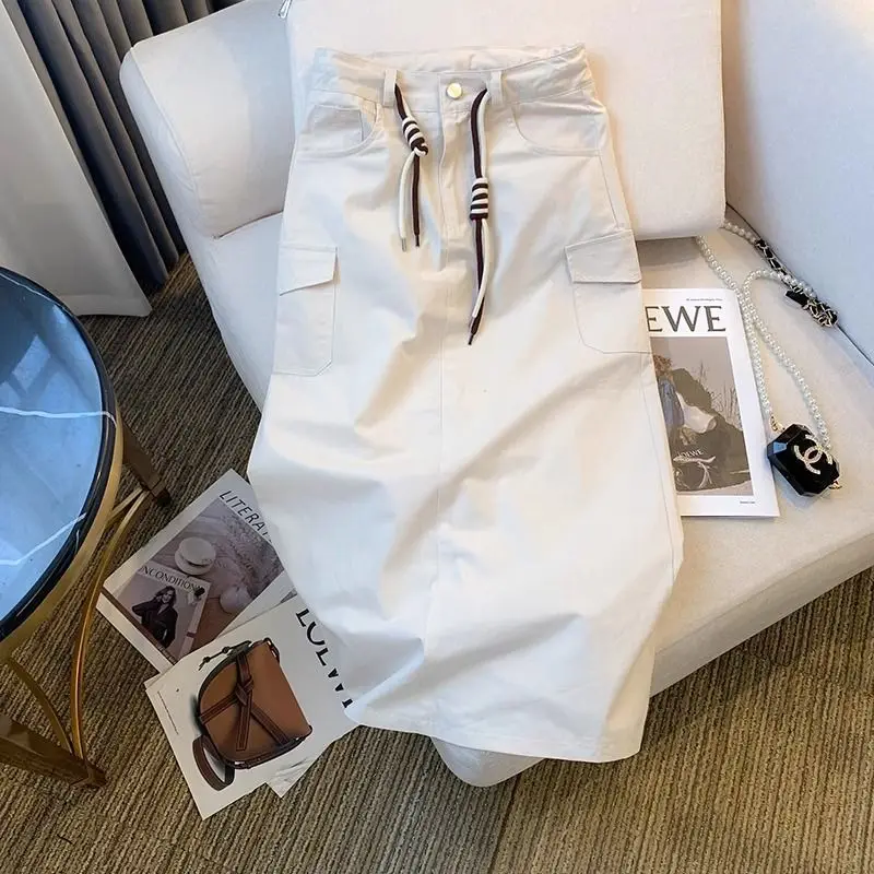 High Waist A-Line Midi Workwear Skirt for Women Summer 2026 Korean Style plus Size Pocket Versatile Slit Cotton Blend Skirt