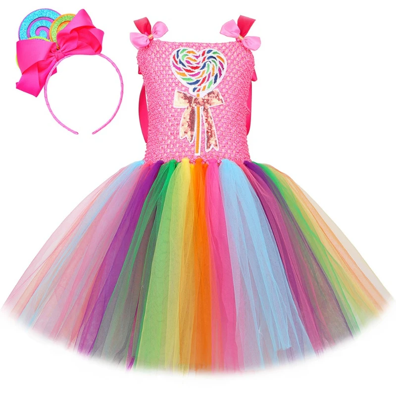 

Halloween Kids Lollipop Costume Dress Rainbow Candy Tulle Tutu Skirt Girls' Holiday Performance Outfit Princess Puffy Skirt