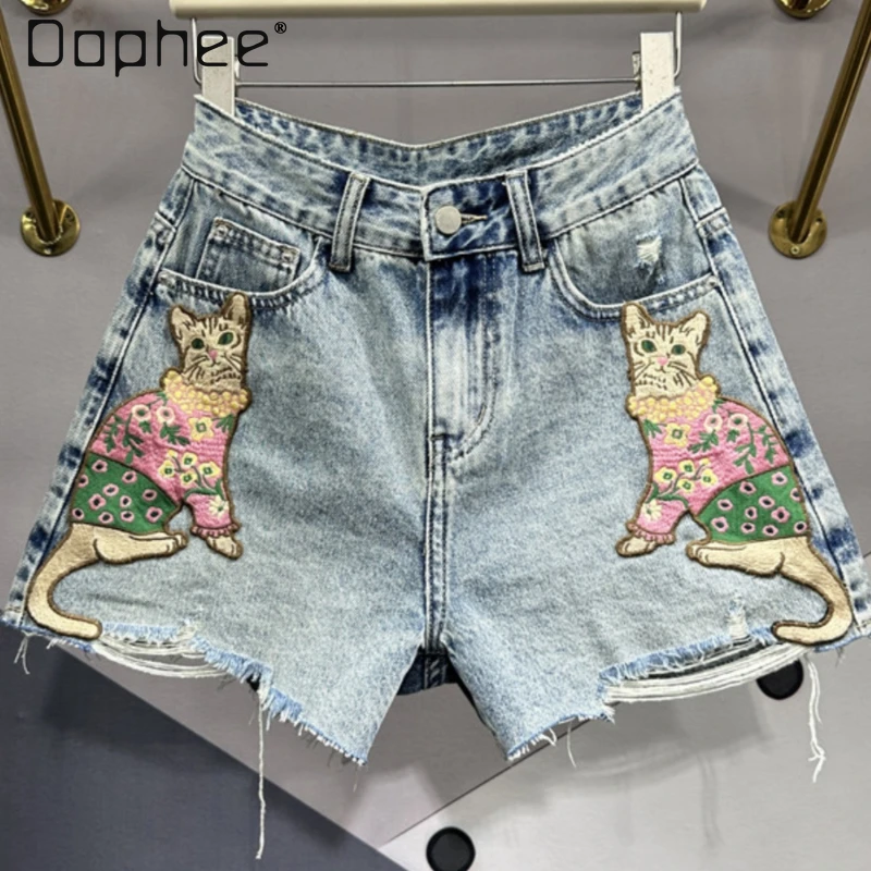 Short Jeans Cat Embroidered Patch Denim Shorts for Women 2024 Spring New Versatile High Waist Slimming Holes Wide Leg Hot Pants