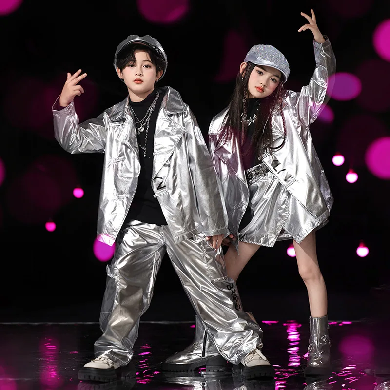 

Kid Kpop Hip Hop Clothing Silver Shirt Jacket Casual Wide Pocket Pants Mini Skirt for Girl Boy Jazz Stage Dance Costume Clothes