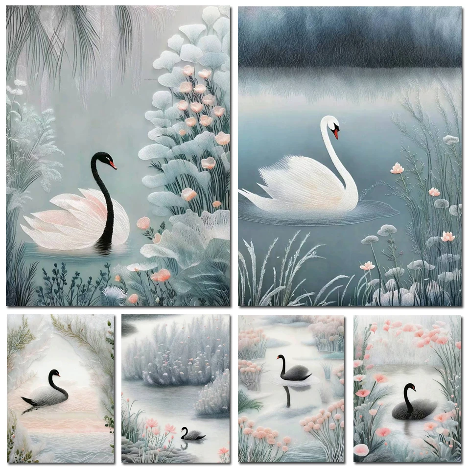 New 5D Swan Lake Diamond Painting Abstract Scenery DIY Full Diamond Mosaic Embroidery Kit Rhinestone Home Art Decoration