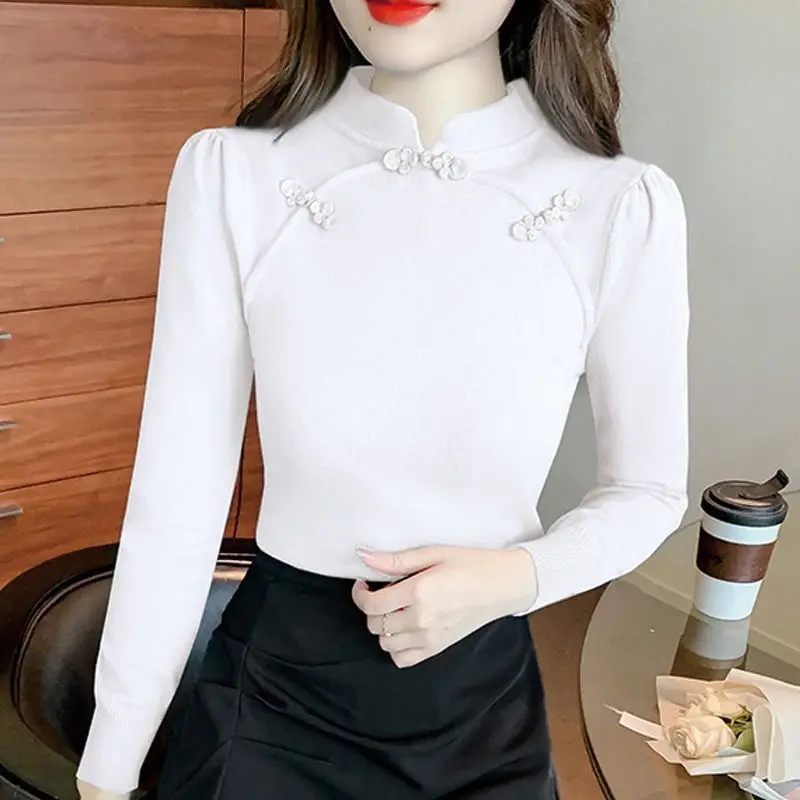 Chinese Style Retro Disk Button Half Turtle Collar Bottoming Shirt Women's Autumn Winter Warm Slim Long Sleeve Versatile Top
