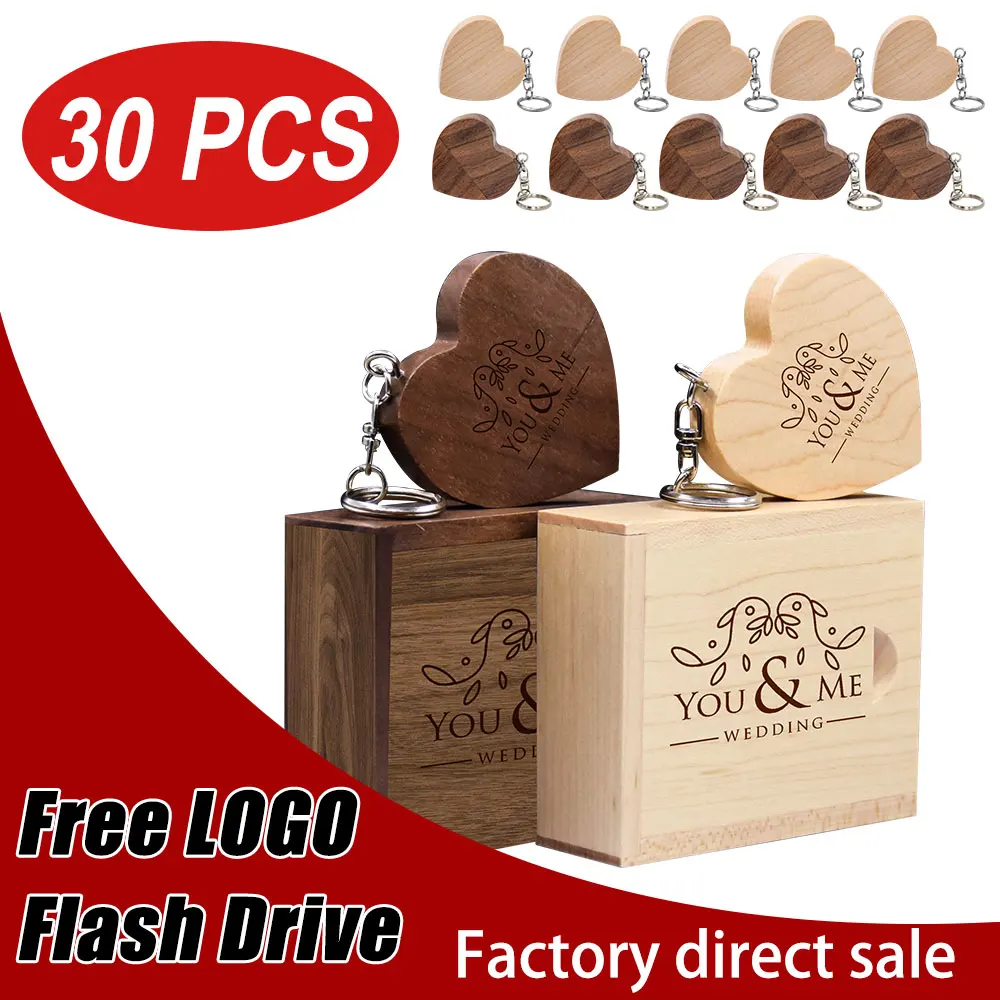 

Free Custom Logo 30pcs Heart-shaped Wooden USB 2.0 Flash Drive Pen Drive 128GB 64GB with Keychain Memory Stick Wedding Gift