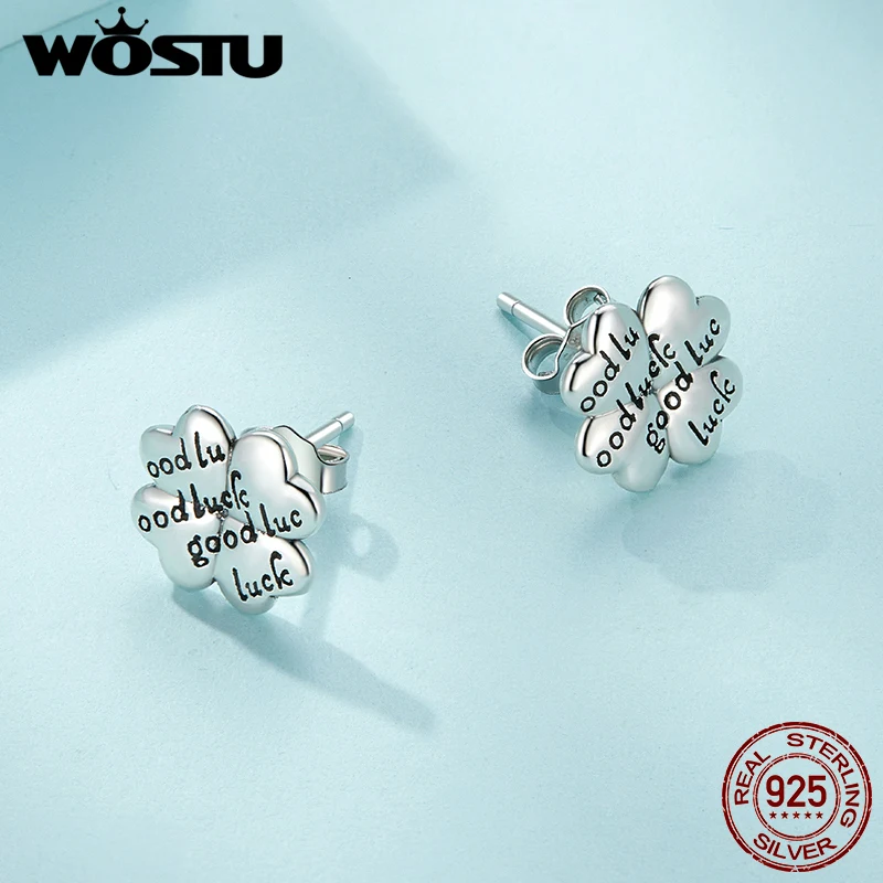 WOSTU Original 925 Sterling Silver Lucky Clover Earrings for Women Girls Fine Lettering Jewelry Birthday Graduation Party Gift