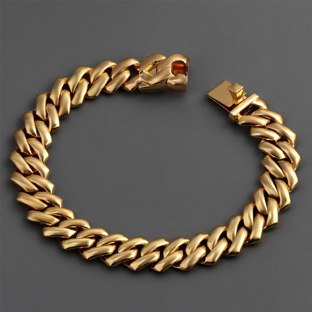 Gold Color 13/14MM Curb Cuban Link Chain Bracelet For Men Women Punk Hiphop Chunky Metal Chain Cuban Bracelets Fashion Jewelry