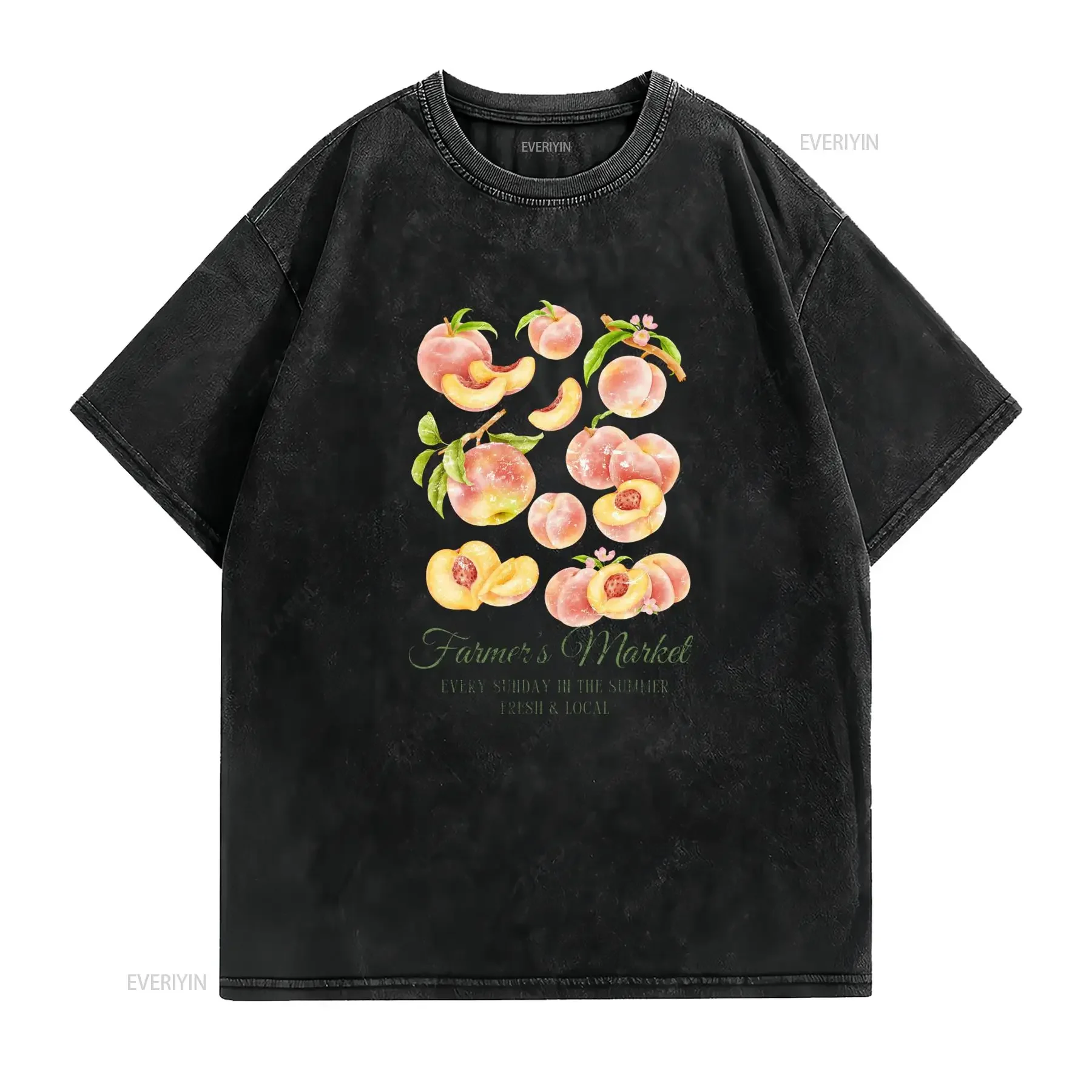 Vintage Watercolor Fresh Peach Farmer's Market Print Casual Summer T Shirt vintage Washed Stretched Top For Everyday Wear