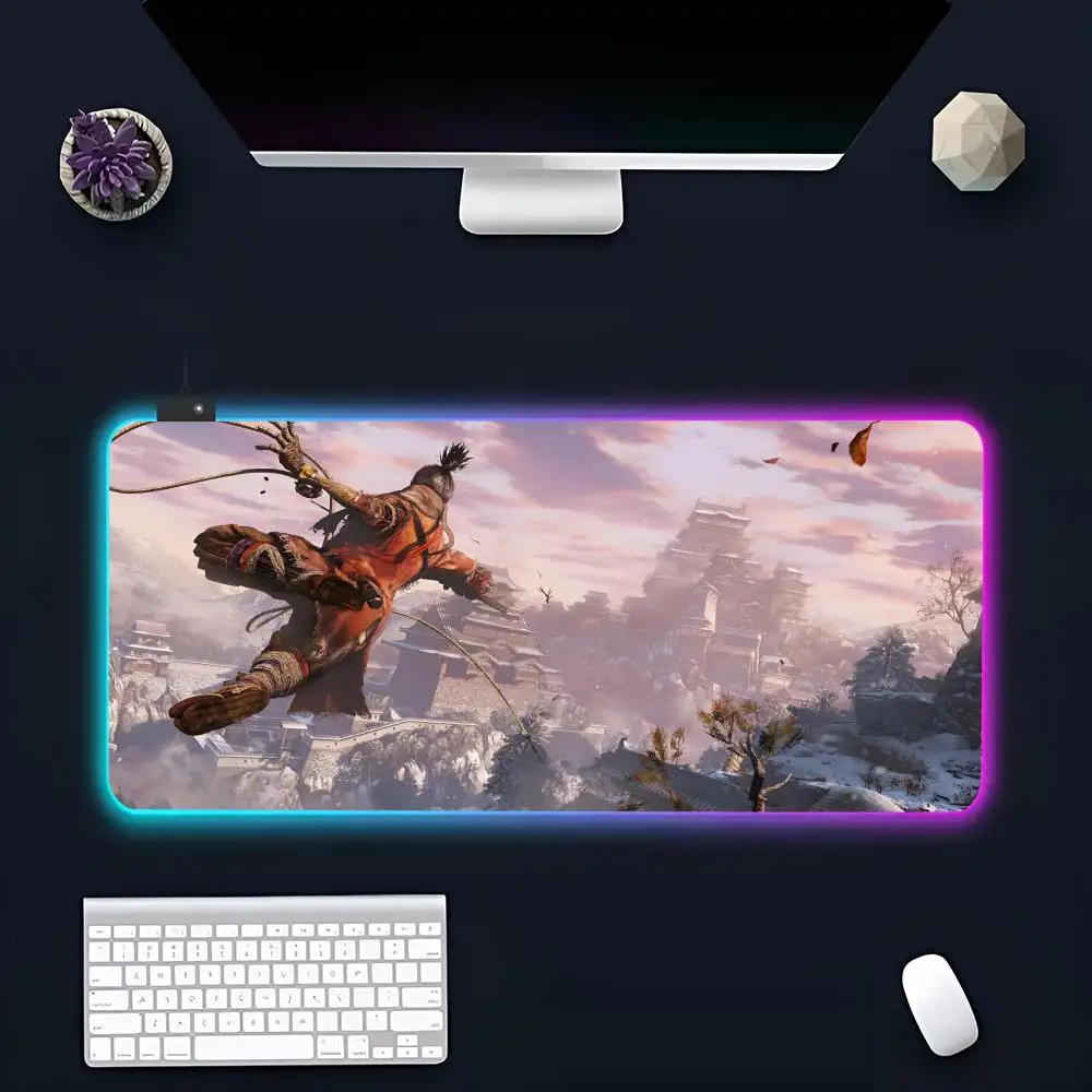 Game S-Sekiro S-Shadows MINISO Mouse Pad RGB Gaming Mousepad LED Large Gamer Mousepad XXL Keyboard Pad Luminous Desk Mat Backlit