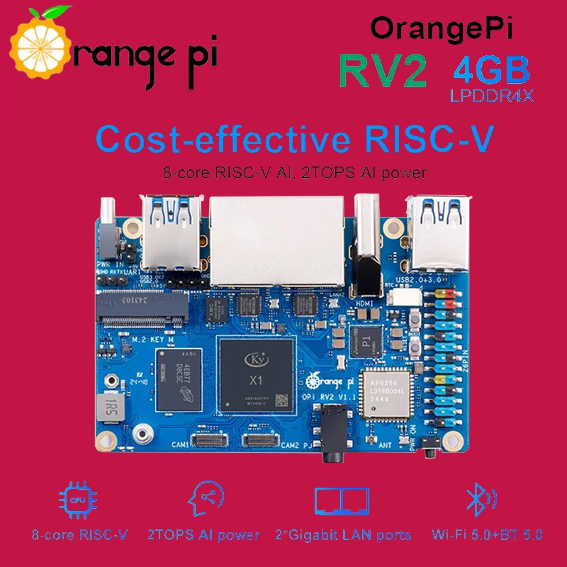 Orange Pi RV2 4GB RAM Single Board DDR4 8-Core RISC-V 2TOPS AI CPU M2 PCIE SSD WiFi BT5.0 BLE Mini PC Support Ubuntu OS