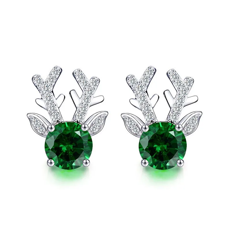 Christmas Green Alter Stud Earrings for Women 925 Sterling Silver Dazzling Cubic Zircon Dainty Elk Earrings Gift Trendy Jewelry