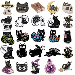 Cute Black Cat Metal Brooch Spaceship Skeleton Book Cat Flower Witch Magic Cat Christmas Cat Badge Punk Lapel Pin Jewelry