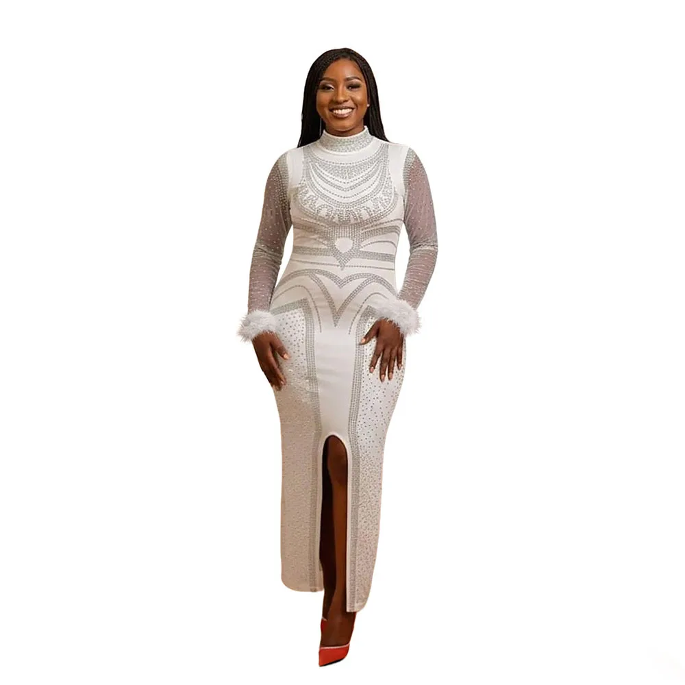 EINY Luksusowe Wieczorowe Sukienki Damskie Afrykańskie Diamenty Wysokie Rozcięcie Obcisłe Sukienki Maxi z Piórami Długi Rękaw Seksowne Sukienki na Urodziny Ślubne Eleganckie