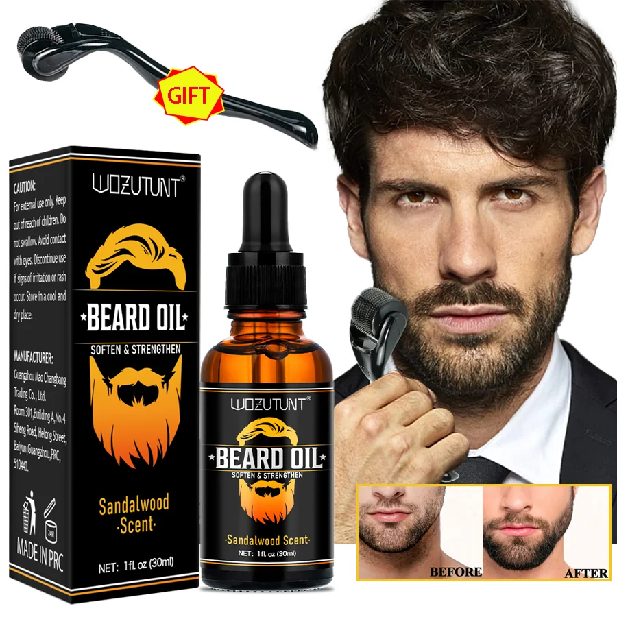 Natürliches Shea-Bart-Pflegungsöl, weich, stärkt den Bart, Sandelholzduft, 30 ml und sanft Roller für Männer, Gesichtshaarmassage