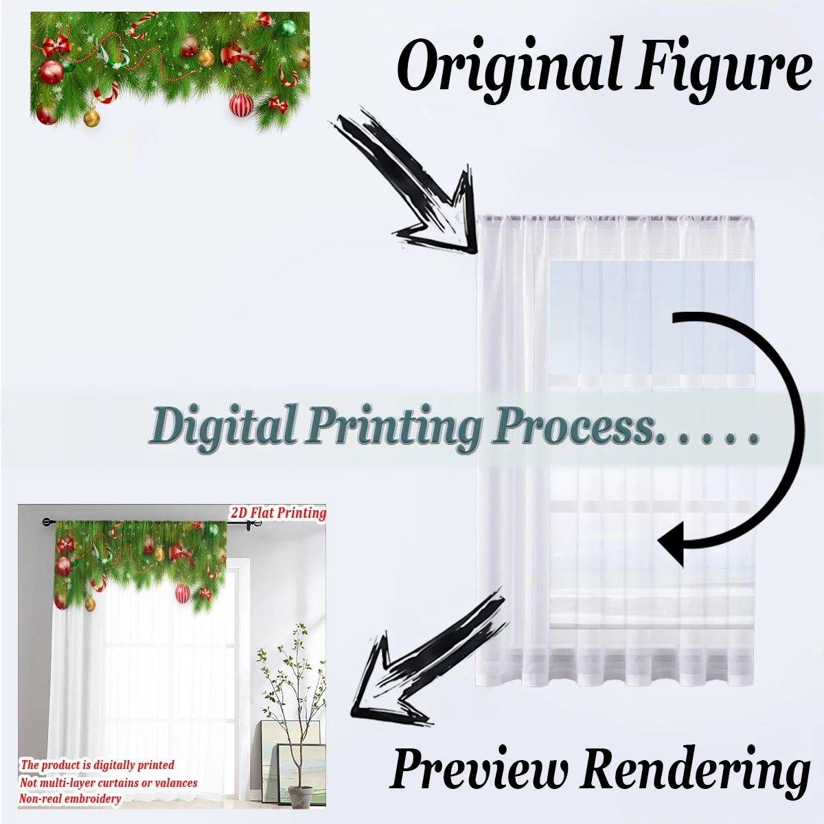 ستارة شفافة مطبوعة مسطحة لعيد الميلاد مع فروع كرة الصنوبر لعيد الميلاد وحلوى القوس لغرفة المعيشة وغرفة النوم وحفلات العطلات