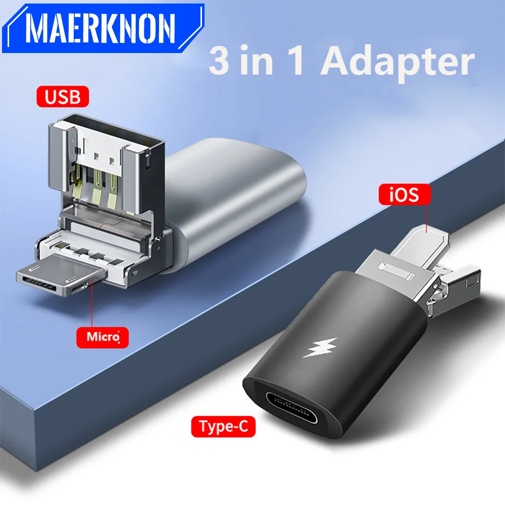 Adaptador OTG 3 en 1 de 30W, Cable convertidor de transferencia de datos de carga rápida USB C a Lightning para iPhone, Samsung, Xiaomi, portátil