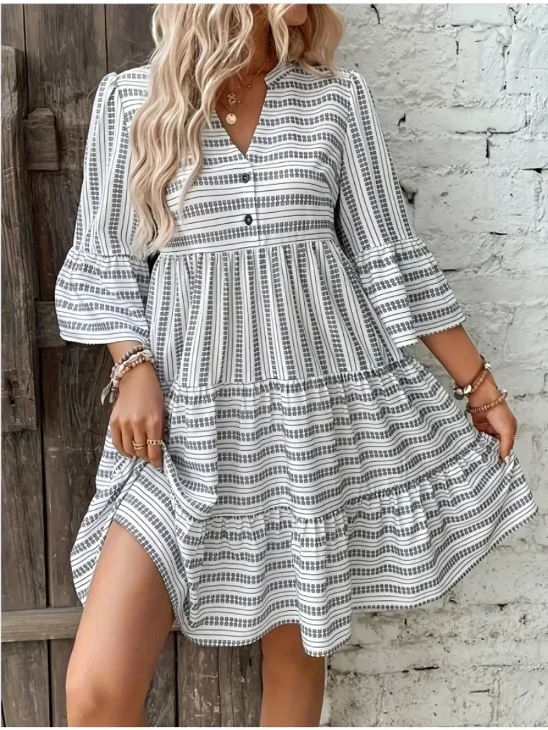

Plus Size 1XL-5XL Women's Stripe Print Tiered Dress Casual Ruffle Trim V Neck 3/4 Sleeve Flounce Sleeve Ruffle Hem Smock Dress