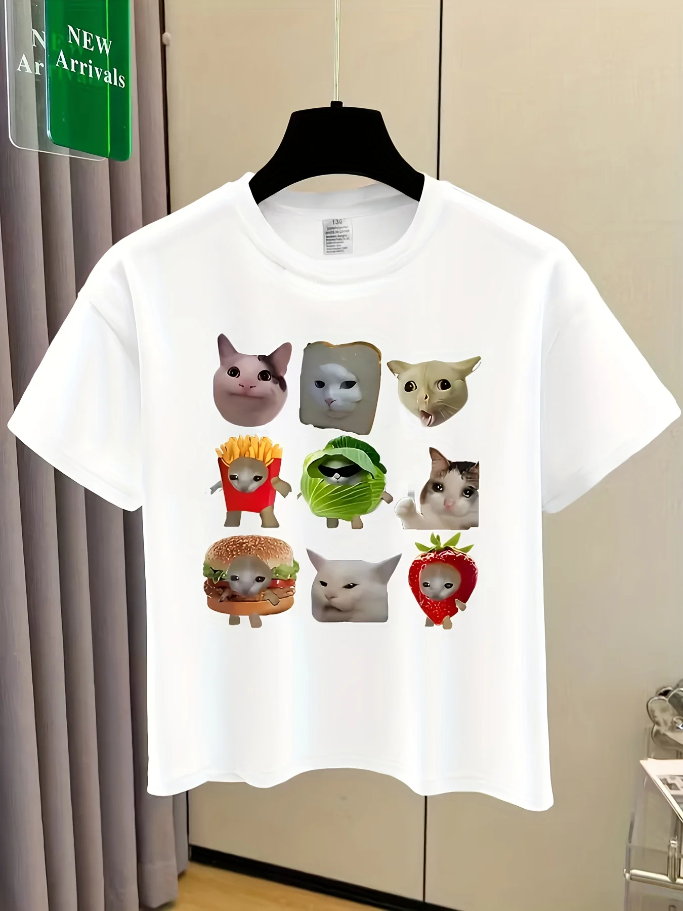 

Men's Crew Neck Short Sleeve T-Shirt Fun Cartoon Cat and Food Print Breathable Casual Sport Top Suitable for Outdoor Play