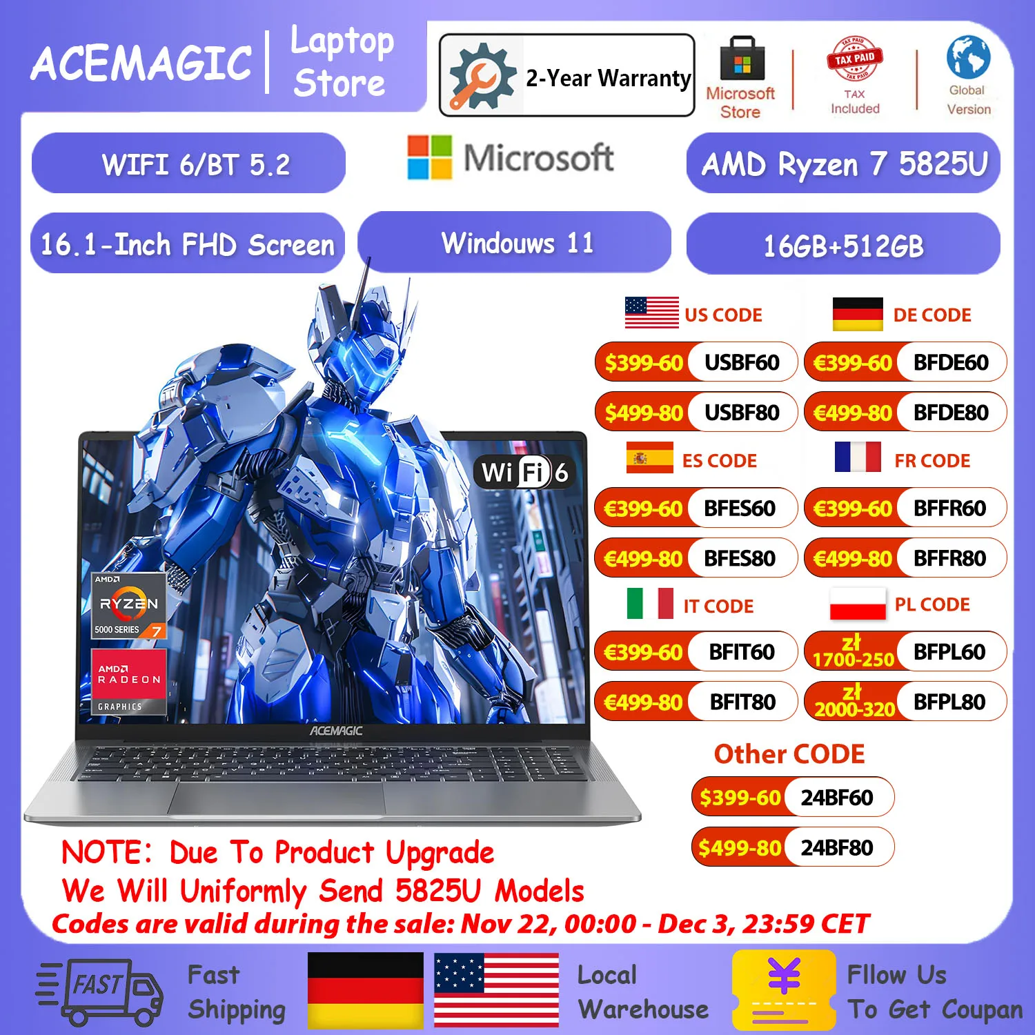 ACEMAGIC Gaming Notebook 16.1 FHD 1920*1080 16GB DDR4 512GB SSD AMD Ryzen 7 5700U Notebook Windows 11 Home BT5.2 WiFi 6 Laptop