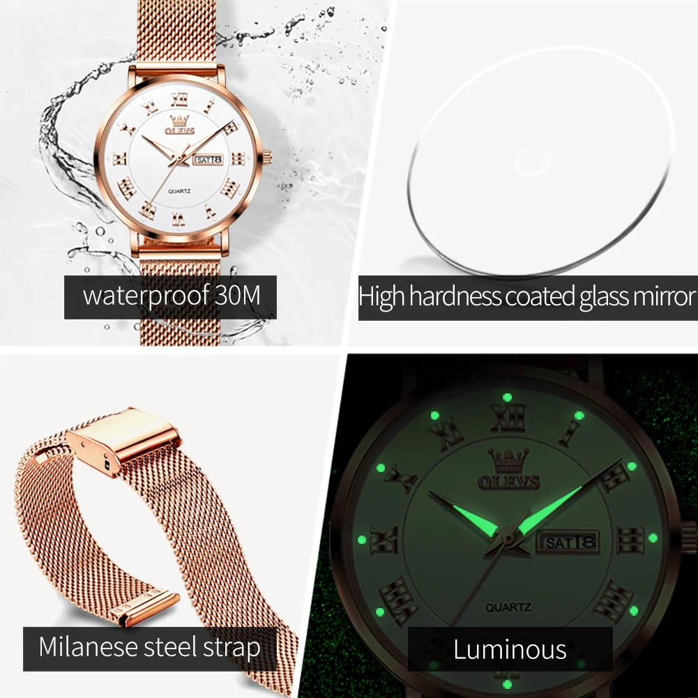 OLEVS orologi da donna luce di lusso moda originale orologio da polso femminile al quarzo impermeabile cinturino in maglia di acciaio inossidabile data settimana