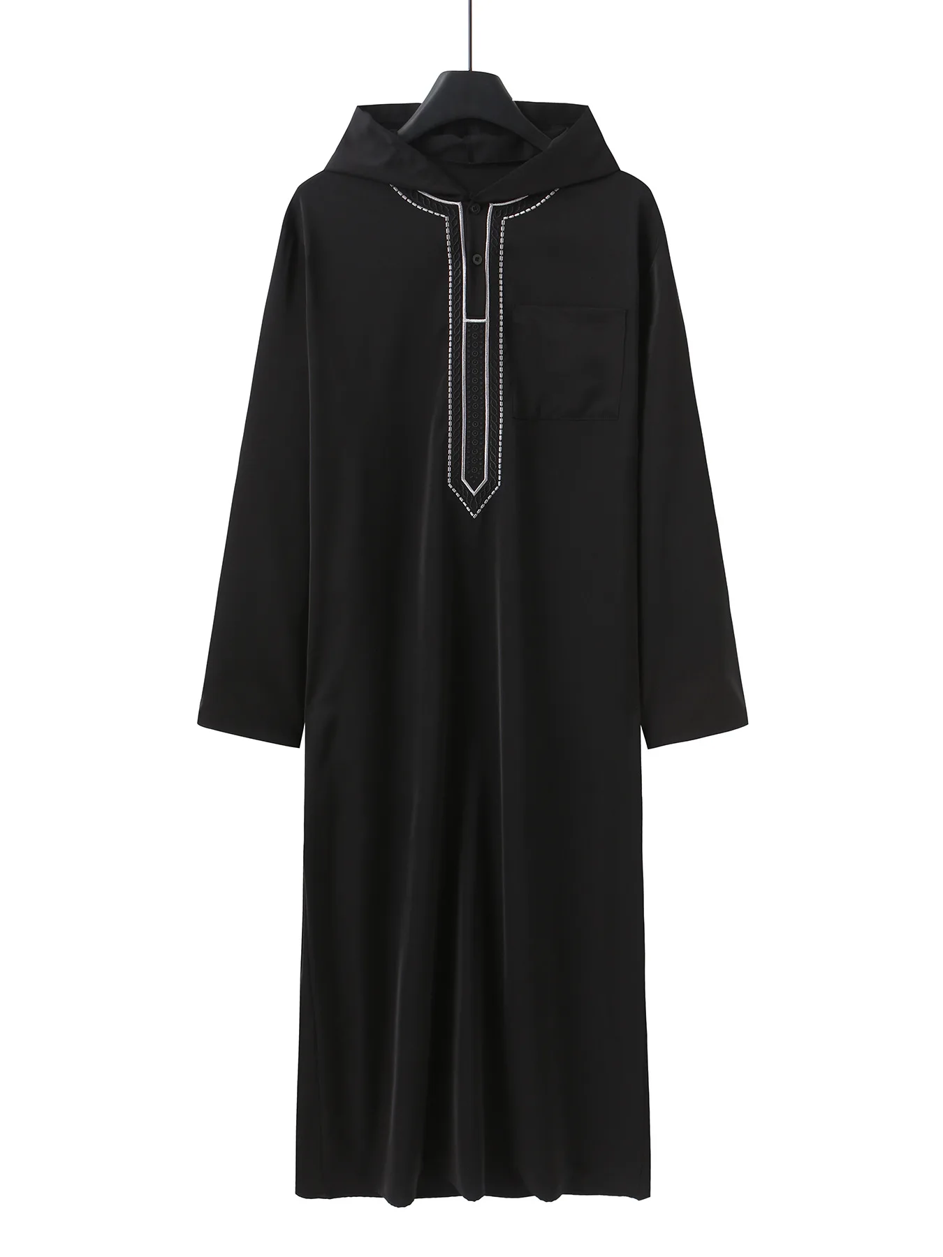Hooded Solid Men Jubba Thobe มุสลิมแฟชั่น Abaya ดูไบยาว Robe เจียมเนื้อเจียมตัวชุดหลวมเย็บปักถักร้อย 2025 ฤดูใบไม้ผลิ Spliced สบายๆ