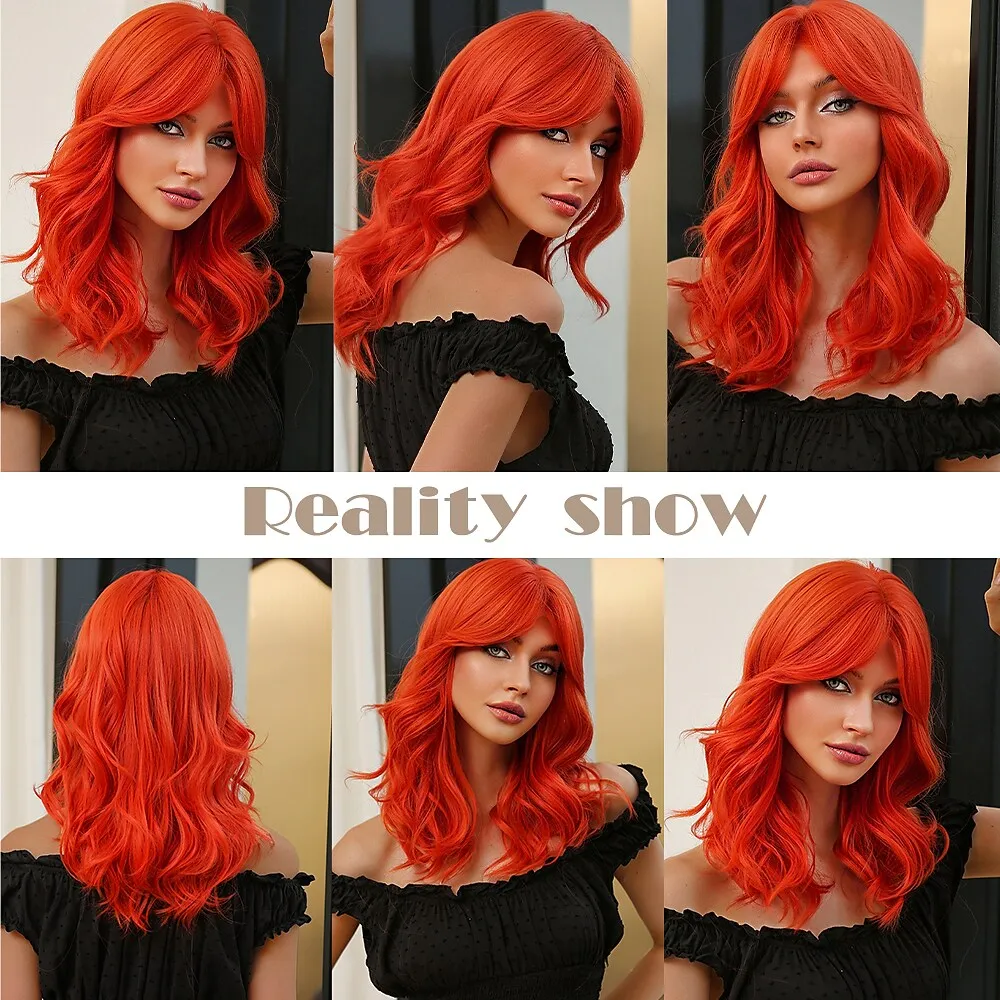 18 Inch Synthetic Wigs Women's Wig Orange Long Wave Curly Hair with Mid Part Bangs Daily Elegant Lovely Party Cosplay