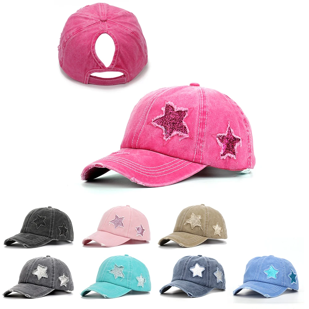 6 Colors Women's Distressed High Pony Cap With Glitter Star Summer Mesh Ball Cap Female Fashion HIp Hop Hats Casual Adjustable