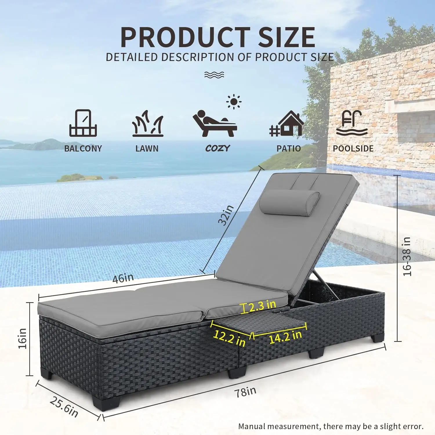 Waroom Outdoor Chaise Lounge Stoelen Voor Buiten Terrasmeubilair Set Van 2 Zwarte Rotan Zwembad Ligstoel Verstelbare Rugleuning