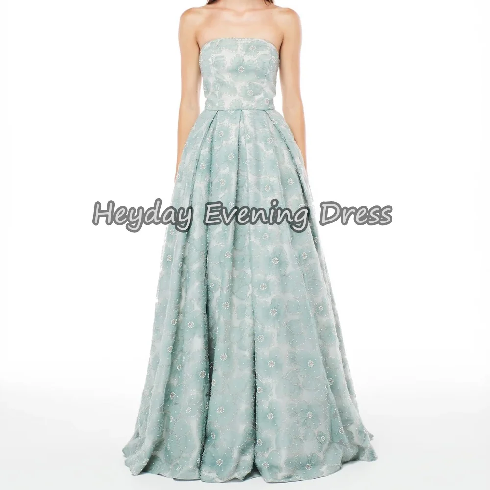 

Heyday Lace Strapless A-line Pleats Floor Length Simple 3D Flowers Saudi Evening Party Dresses For Women 2025 With Sleeveless