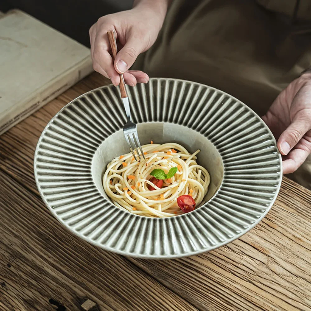 Vintage Striped Ceramic Soup Bowl Home Light Gray Ceramic Tableware Western Pasta Plate Dinner Cooking Dishes Kitchen Bowl Decor