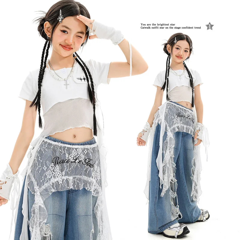 Koreanische Jazz Dance Band Cropped Top Straße Sheer Patchwork Kurzarm T Denim Hosen für Mädchen Kind Hip Hop Dance Tragen Kostüm