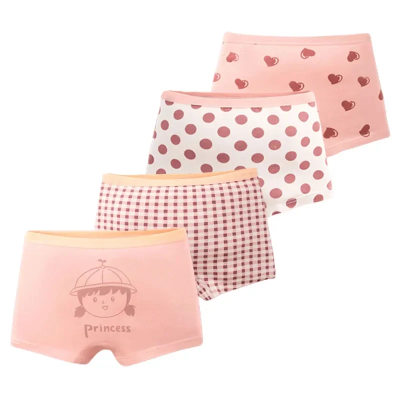 4 Packs Cotton Children Panties Girls Boxer Briefs Pink Cute Cartoon Kids Underwear Panty Antibacterial Breathable Girls Undies