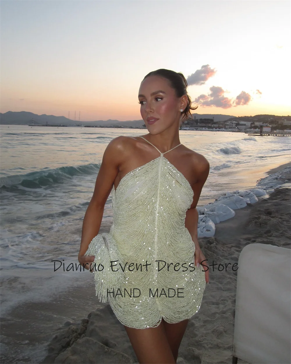 Dianruo Halter Neck Sparkling Beaded Prom Dresses Luxurious A Line Cocktail Dresses Mini Sleeveless Party Dresses Customized