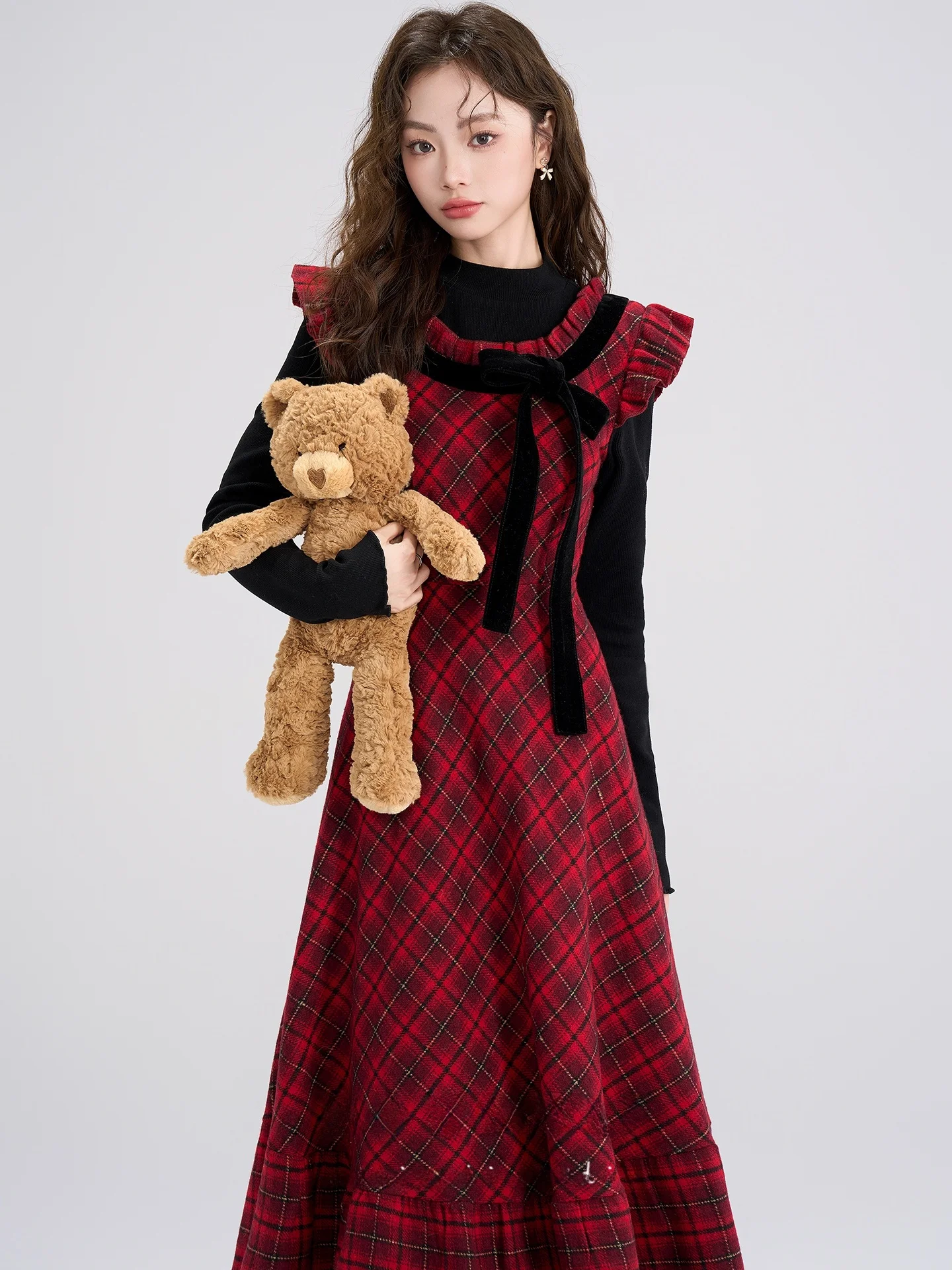 

Новинка! Красное шерстяное платье в клетку с длинным рукавом для женщин, с завышенной талией, повседневное, А-силуэт, подходит для осени и зимы.