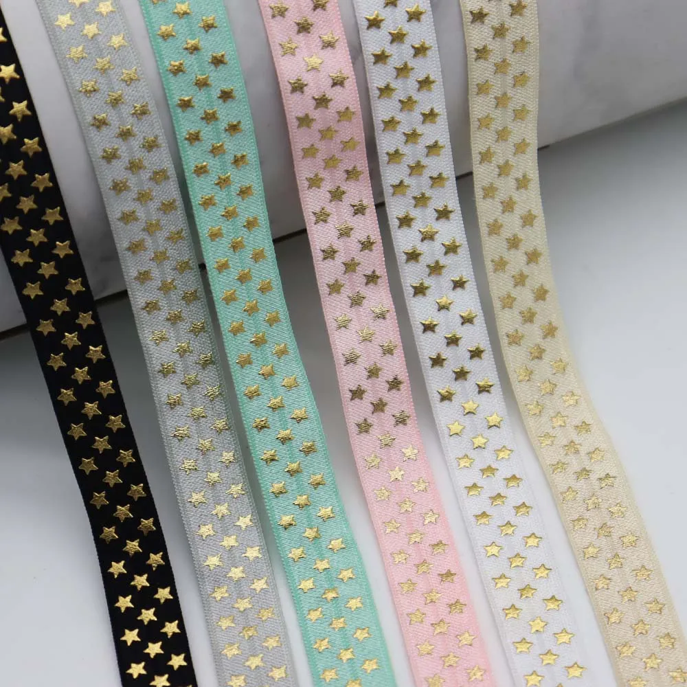 

5/8" 15MM Gold Foil Little Polka Star Printed Fold Over Elastic Band FOE Ribbon For Ponytail Hair Tie DIY Sewing Accessories