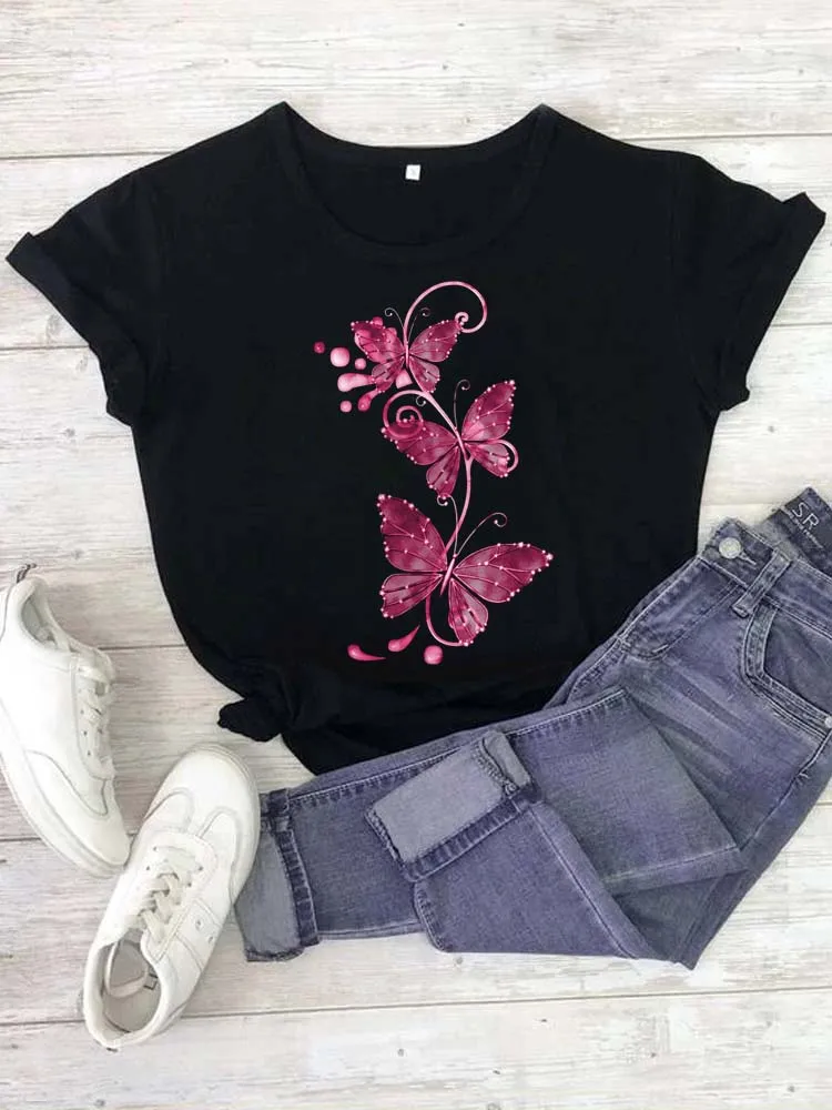 Maycaur New Fashion Butterfly Floral Printed Women T Shirt Summer Clothes Tshirt Tee Womens Top Female Print T Graphic T-shirt