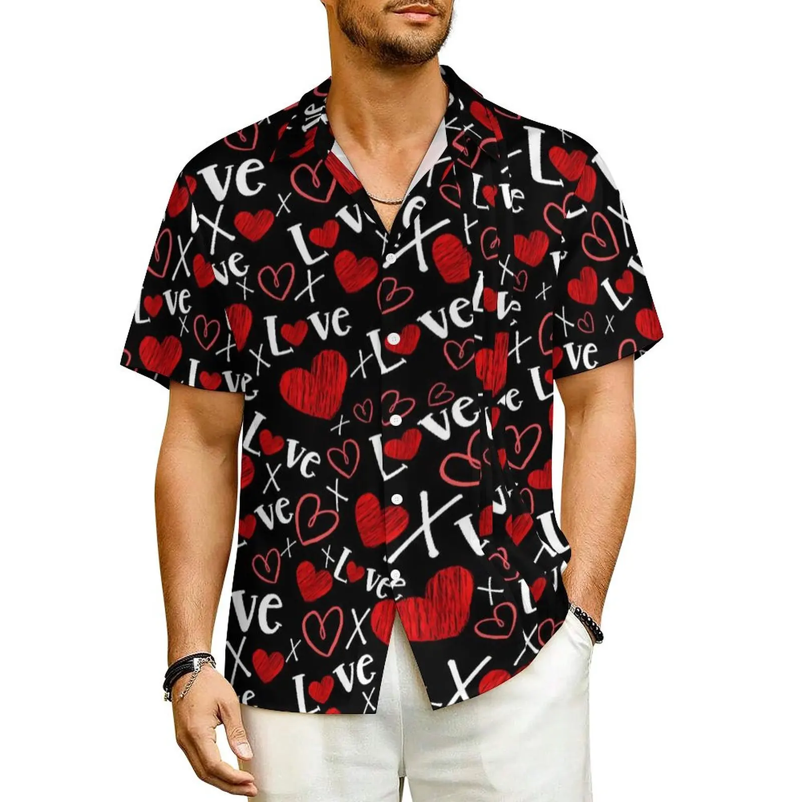 Love And Hearts Hawaiian Shirt For Men Beach Valentine Casual Shirts Short-Sleeve Y2K Street Graphic Vintage Plus Size Blouses