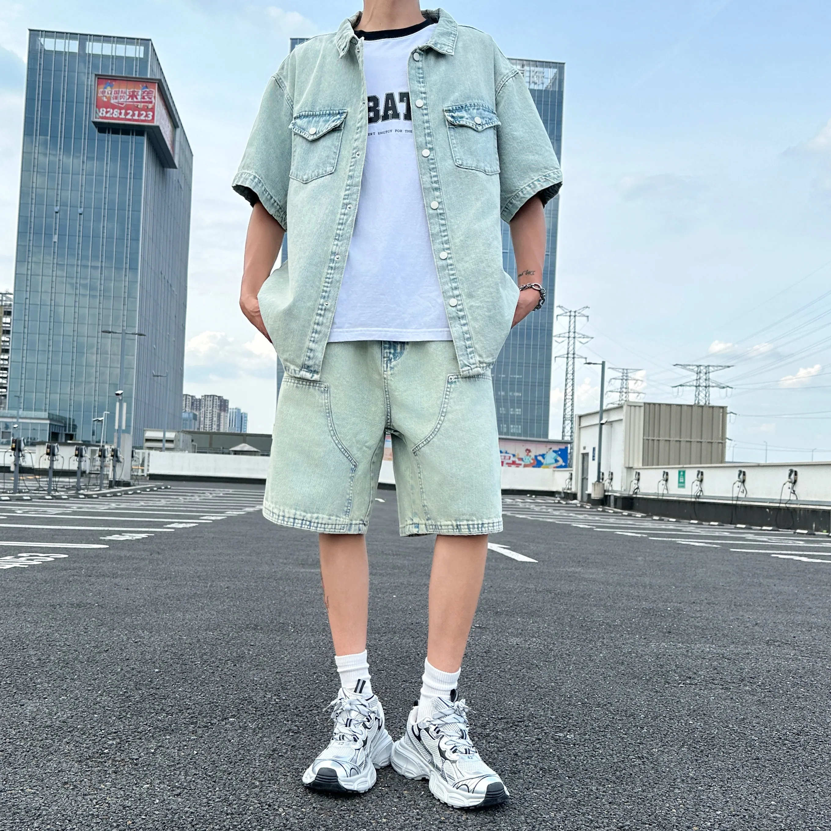 Summer Men's Blue Denim Set American Casual Fashion Safari Style Lapel Short Sleeved Shirt Splicing Shorts 2 Pieces Sets - view 2
