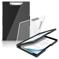 1pc black, clipboard with storage, with 2 storage boxes, heavy duty clear visible top panel to store clipboard, side opening