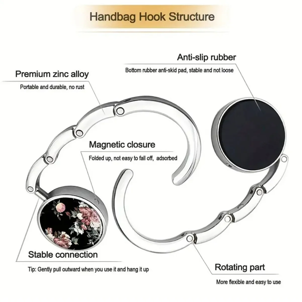 Multi Pattern Zinc Alloy Handbag Hanger Folding Hook Holder Portable Ring Rack Office School Table Edge Bag Hooks Travel Hanger view 5