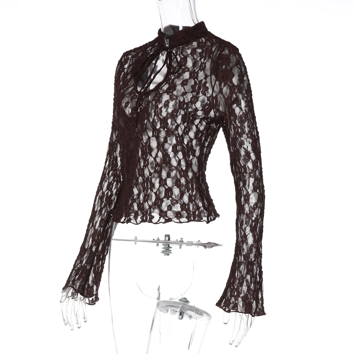Hugcitar Spitze, schwarzes, langärmeliges, durchsichtiges, sexy Crop-T-Shirt, Herbstmode für Damen, Party- und Nachtclub-Tops – Detail 3