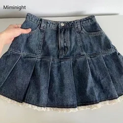 Blue Denim Skirt Women Sweet Lace Patchwork Y2k Pleated Mini Skirts Girl Korean Fashion Slim High Waist A-line Casual Streetwear