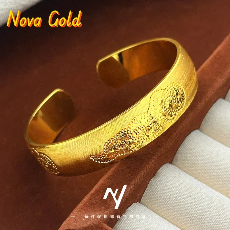 

NovaGlod 9999 24K real gold light luxury rich large bracelet brushed wide face CNC crushed ice Xiangyun open female bracelet