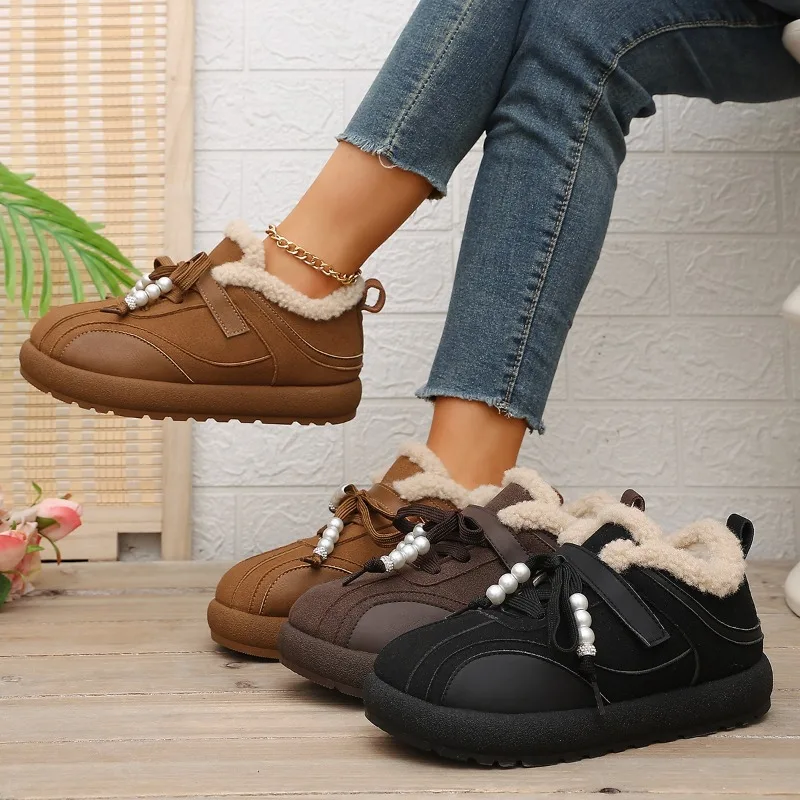 Luxury Pearl Chain Faux Fur Snow Boots Women 2026 Winter Round Toe Non Slip Thick Bottom Cotton Boots Warm Short Plush Booties