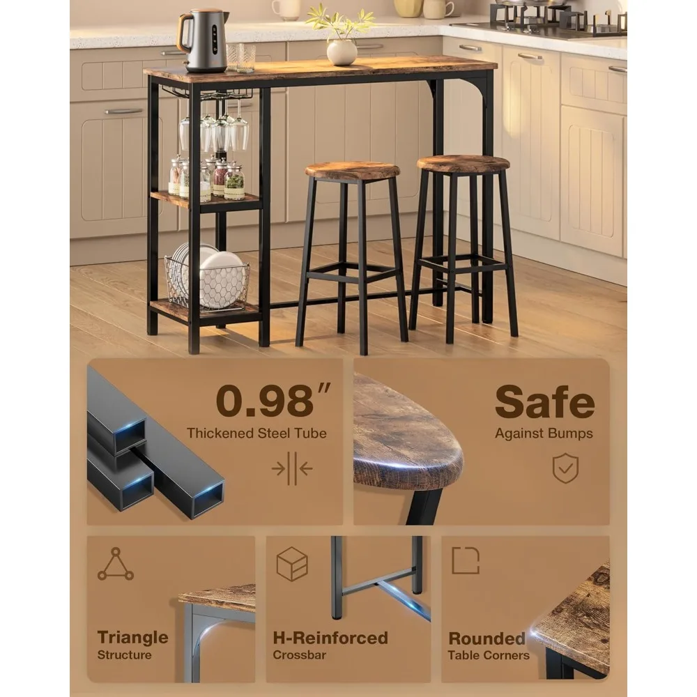 

3-Piece Bar Table Set for 2, Bar Table with Stools & 2 Storage Shelves, Small Bar Set with Glass Rack, Small Kitchen