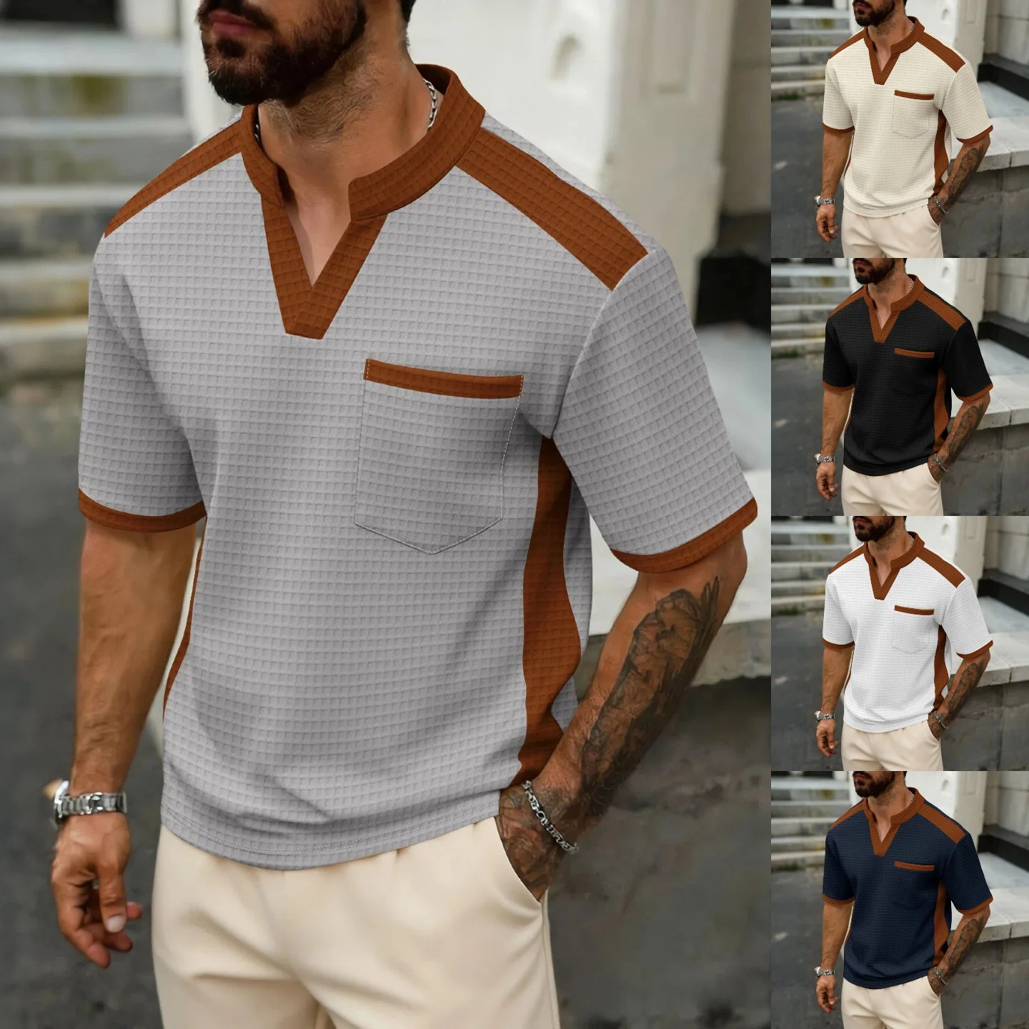 

Summer men's new design with large checks, fashionable and casual, loose fit, multi-color, pocketed V-neck short sleeves
