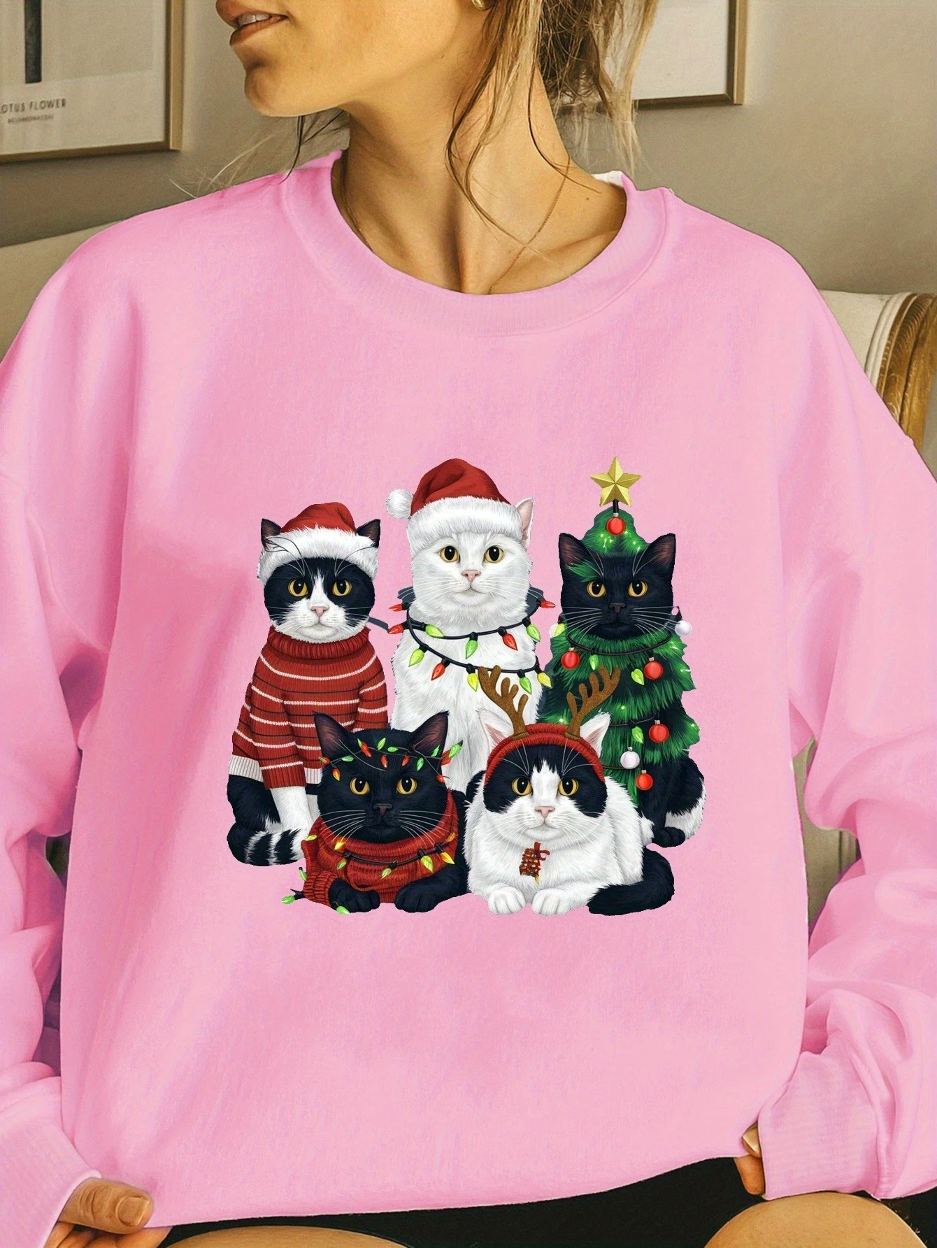 هوديي نسائي للخريف والشتاء بنمط قطة عيد الميلاد مطبوع، ملابس كاجوال عصرية ومريحة برقبة دائرية #4