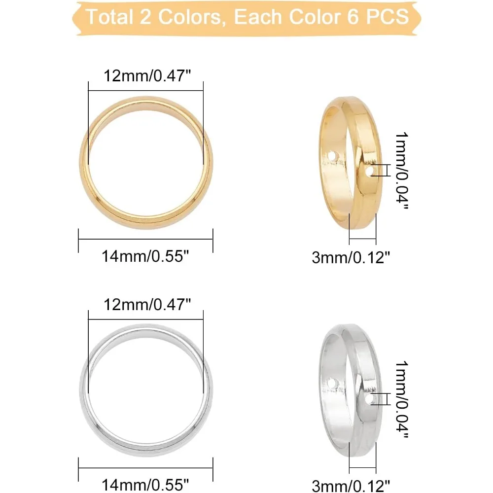 12pçs 2 cores molduras de contas de aço inoxidável 12mm anel contas de metal espaçadores de metal para descobertas 14mm kit de fabricação de joias douradas