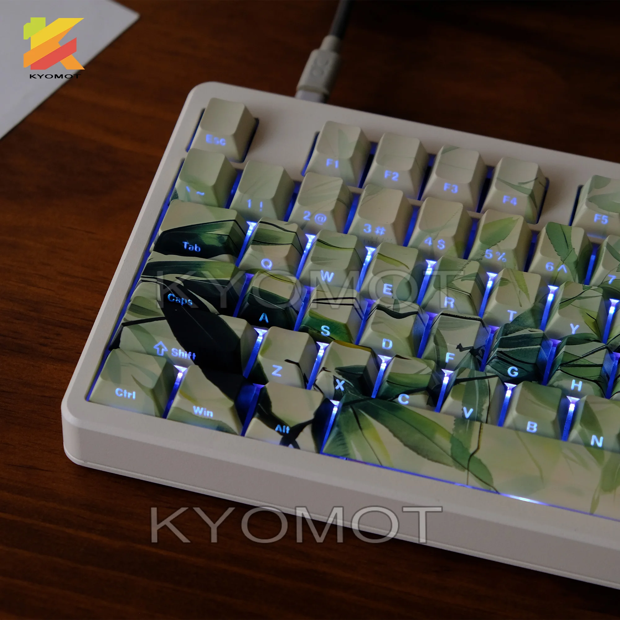 135 Keys Green Bamboo Theme PBT Double Shot Keycaps Side Print Shine Through Cherry Profile Keycaps for DIY Mechanical Keyboard
