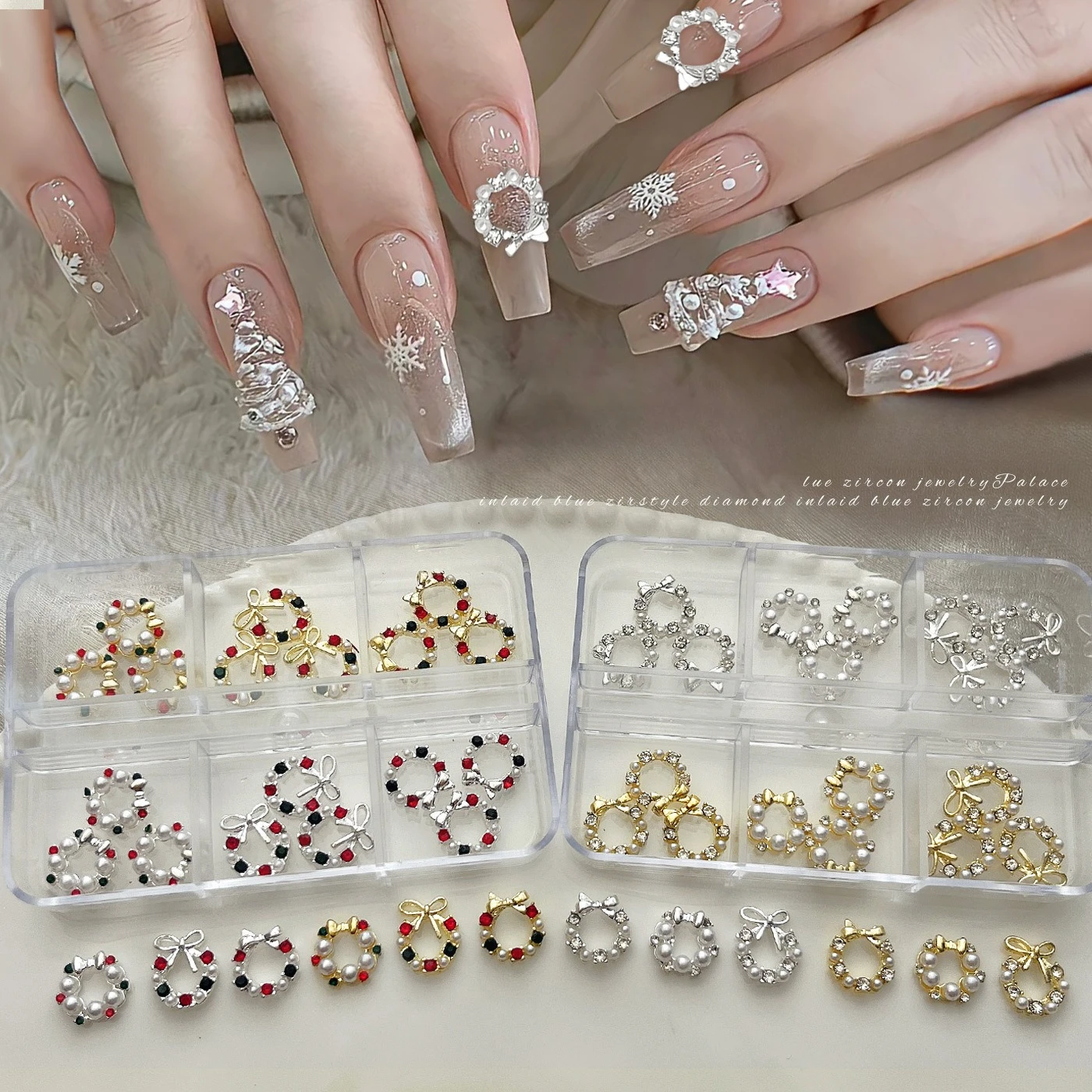 1Pcs 6 Grids Christmas Wreath 3D Alloy Diamond Pearl Nail Charms Set DIY Handmade Press On Nails Manicure Decor Parts
